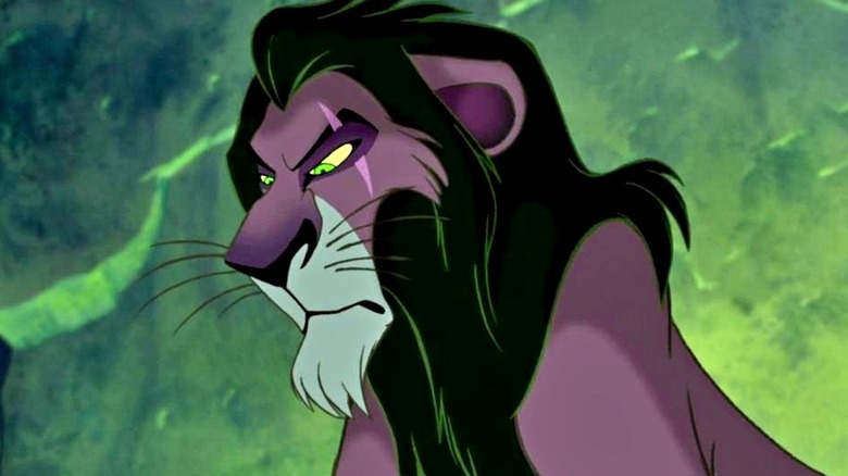 Scar sitting in his den with a sassy expression in The Lion King