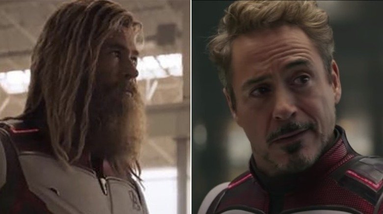 Split image of Chris Hemsworth and Robert Downey Jr. in Avengers: Endgame