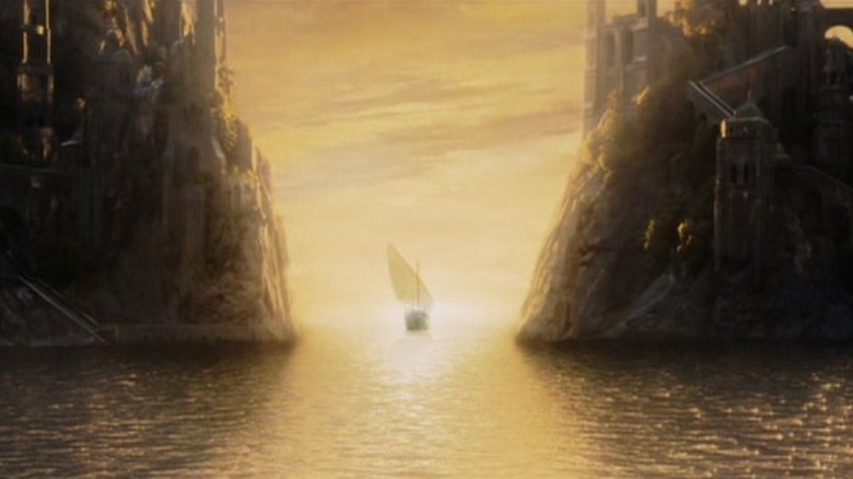 A ship sails out of the Grey Havens into the sunset in "The Return of the King" (2003)