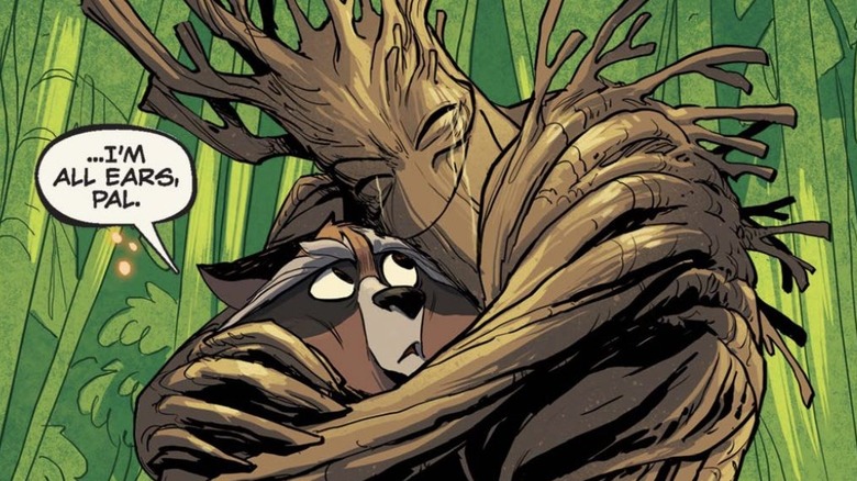 Groot hugging a confused Rocket