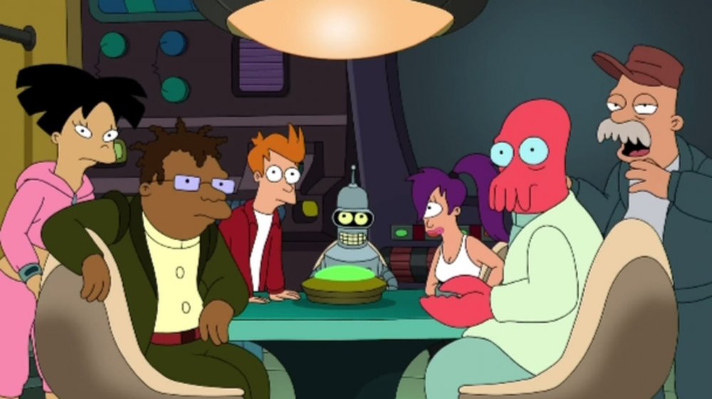 Amy, Hermes, Fry, Bender, Leela, Zoidberg, and Scruffy in Futurama