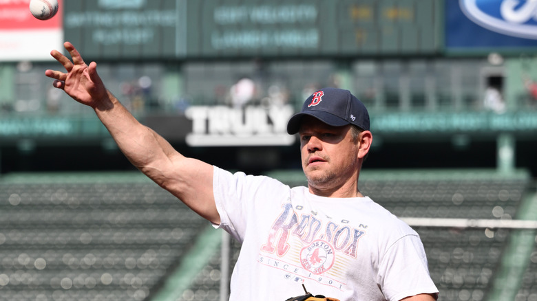 Matt Damon throwing out the first pitch at a Red Sox game in 2024