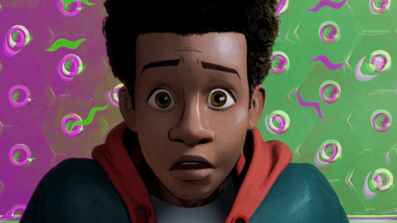 Miles Morales Into the Spider-Verse purple and green background