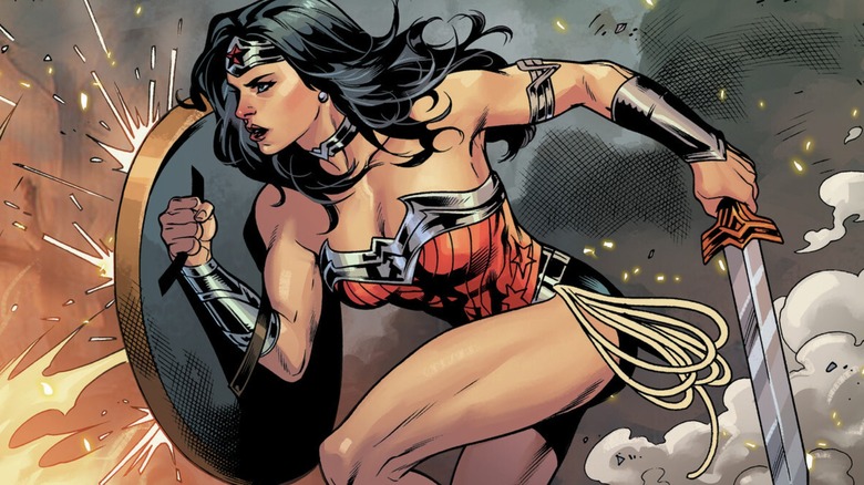 Wonder Woman holding shield and sword