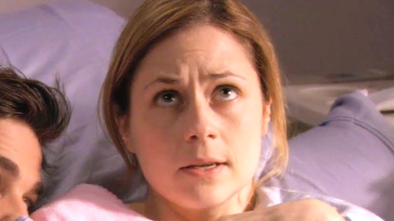 Jenna Fischer looking up on The Office