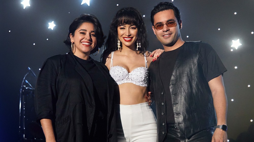 Noemi Gonzalez as Suzette Quintanilla, Christian Serratos as Selena Quintanilla and Gabriel Chavarria as A.B. Quintanilla in Selena: The Series