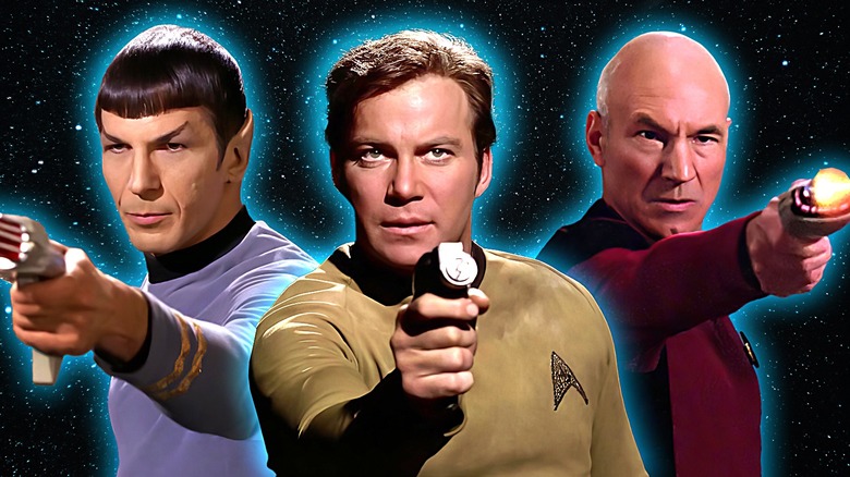 Spock, Kirk, Picard pointing phasers