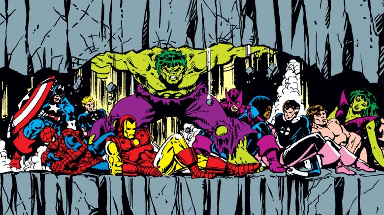 The Hulk holding up a mountain on the cover of "Secret Wars" #4