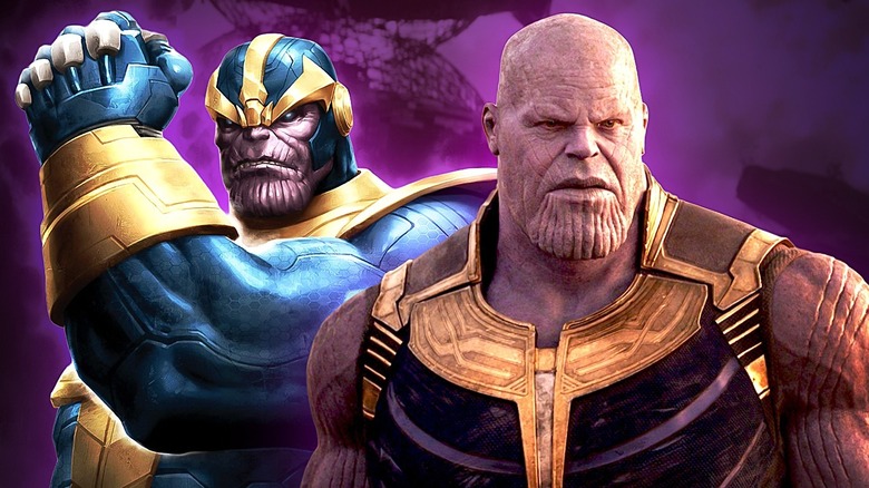 Two versions of Thanos looking gruff