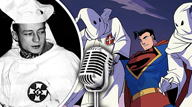 Stetson Kennedy looking at mic next to Superman holding klan members