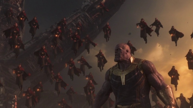 Thanos surrounded by copies of Dr. Strange
