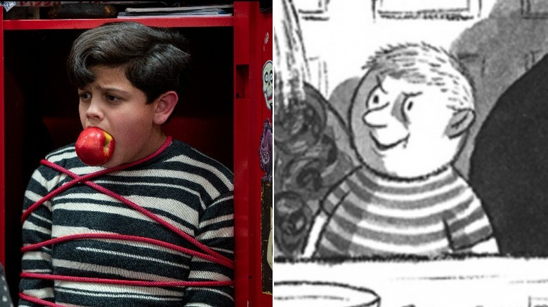 Pugsley Addams with an apple in his mouth and cartoon Pugsley Addams
