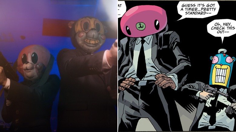 Cameron Britton as Hazel and Mary J. Blige as Cha Cha in "The Umbrella Academy" series / Hazel and Cha Cha by Gabriel Ba in "The Umbrella Academy" comic