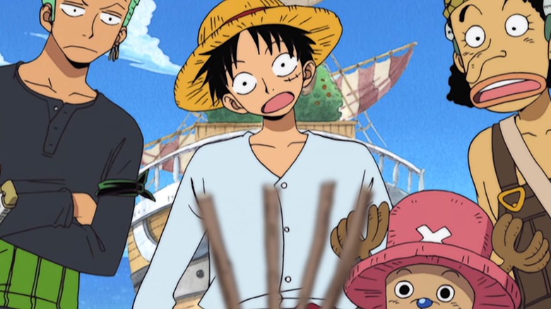 Zoro, Luffy, Usopp, Chopper stare straight