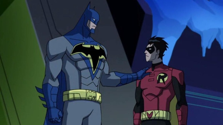 Batman talks to Robin in the Batcave in Batman Unlimited: Mechs vs. Mutants