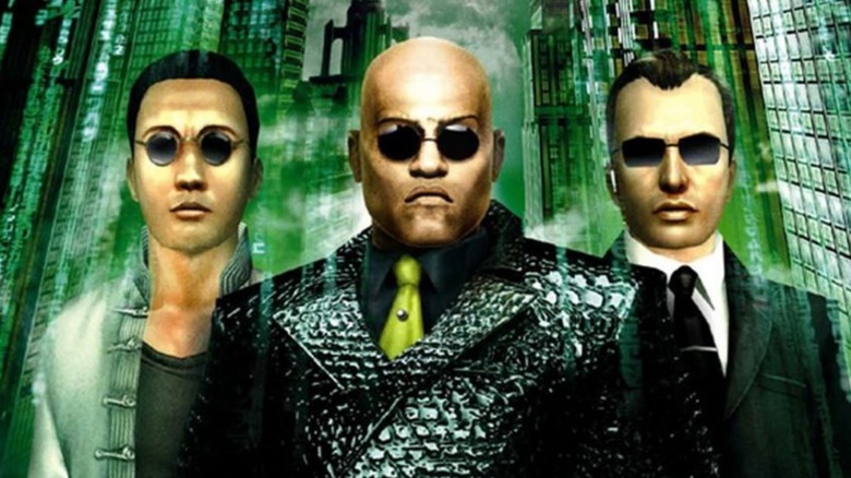 Keymaker, Morpheus, and Agent stand together