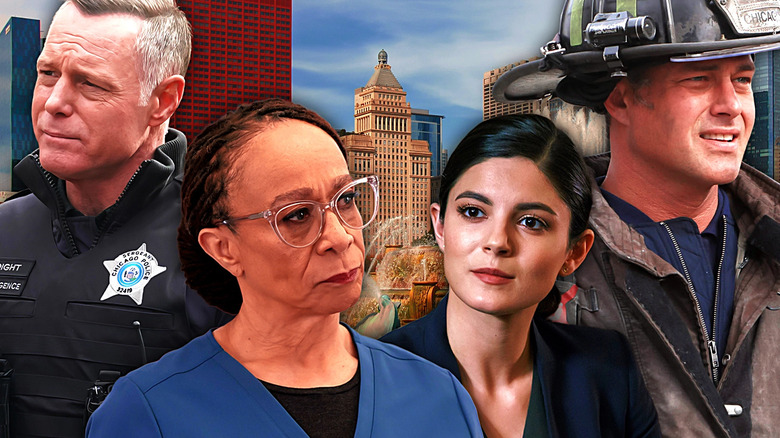 A collage of One Chicago faces against the Chicago skyline
