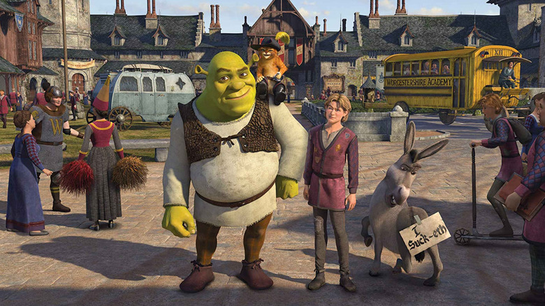 Shrek, Puss in Boots, Artie, and Donkey at Artie's magical boarding school in "Shrek the Third"