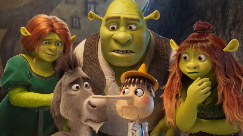 Fiona, Donkey, Shrek, and Felicia looking at Pinocchio as his nose grows in the "Shrek 5" teaser