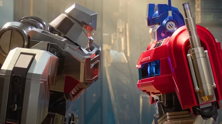 Megatron and Optimus Prime face each other in "Transformers One" (2024)