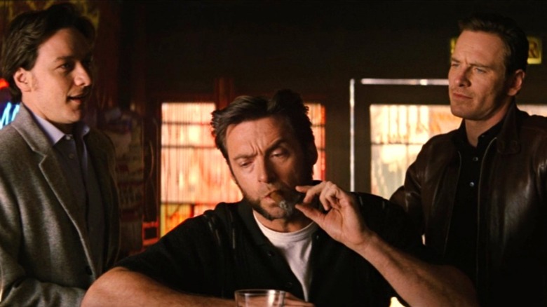 Charles Xavier and Erik Lehnsherr meet Logan at a bar in "X-Men: First Class" (2011)
