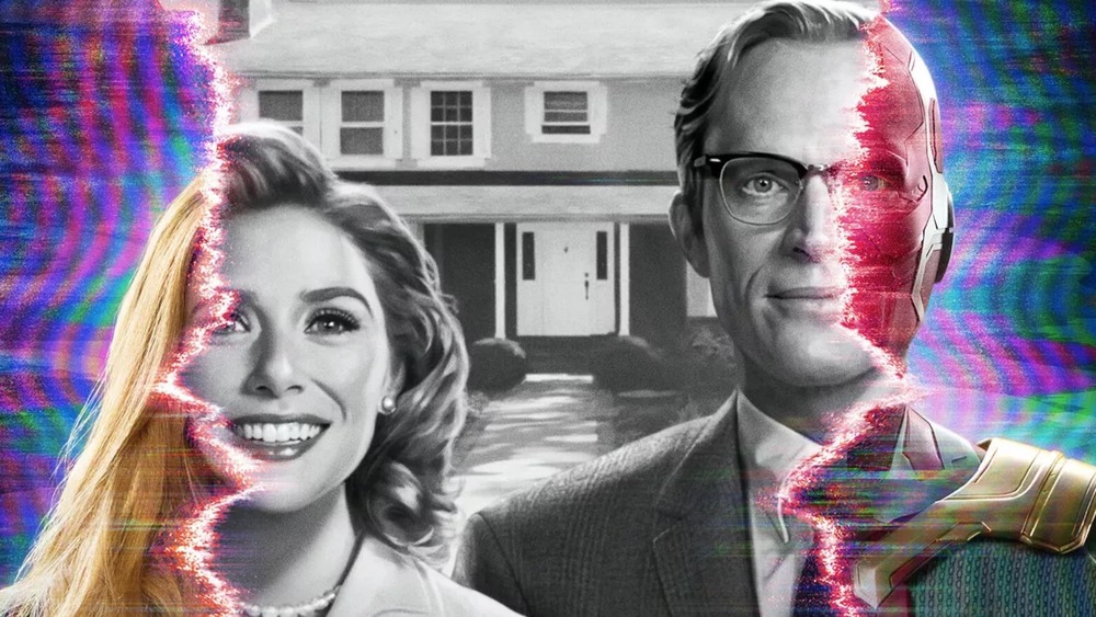 Elizabeth Olsen and Paul Bettany dissolving into alternate realities in WandaVision poster