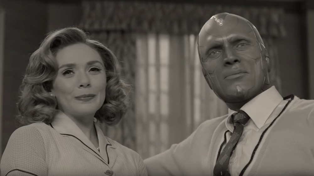 Scarlet Witch and Vision stand together in a '50s sitcom