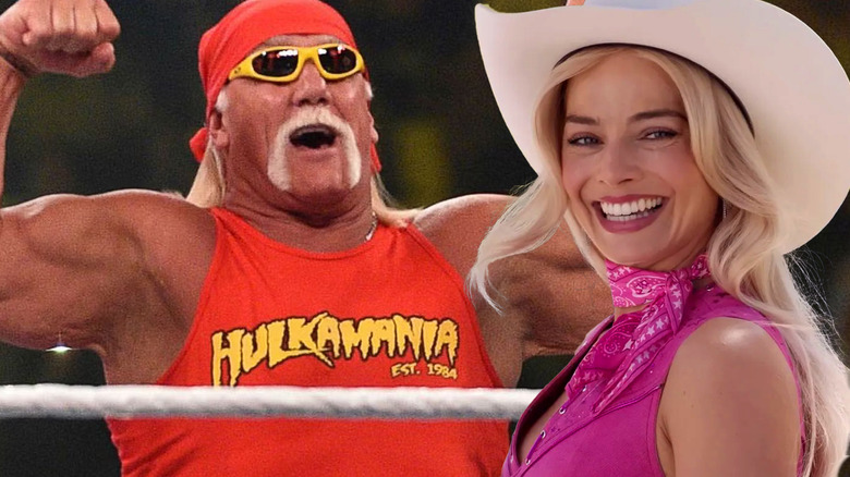 Hulk Hogan flexing his pythons in a wrestling ring next to Margot Robbie's Barbie in a cowboy hat