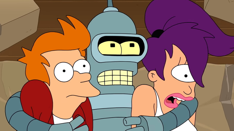 Bender hugging Fry and Leela