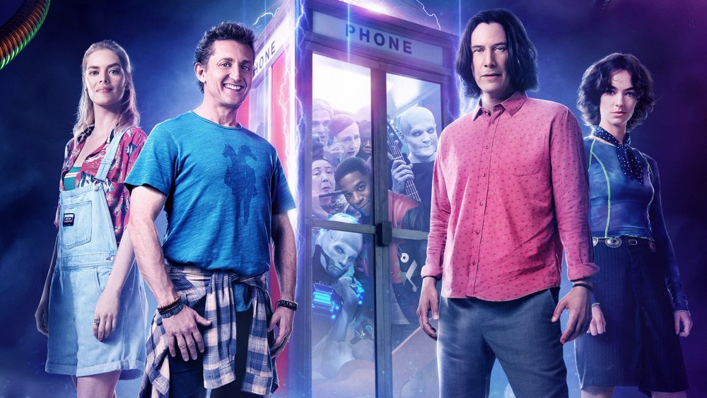 Samara Weaving, Alex Winter, Keanu Reeves, and Brigette Lundy-Paine in Bill & Ted Face the Music