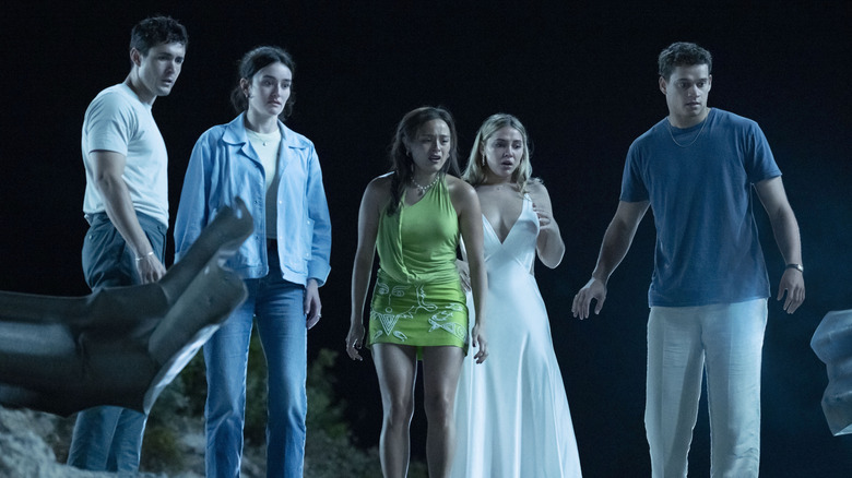Milo, Stevie, Ava, Danica, and Teddy looking in horror at accident (2025)