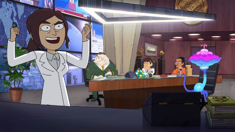 Inside Job on Netflix characters sitting at table