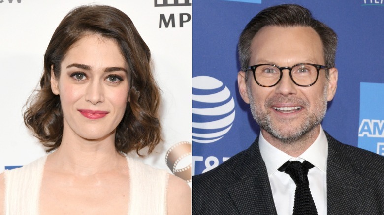 Lizzy Caplan and Christian Slater smiling