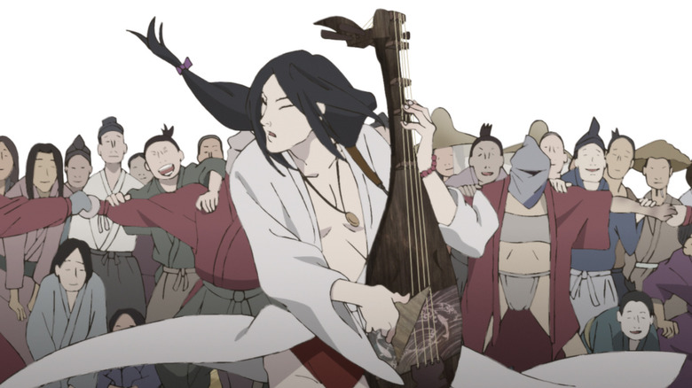 Tomona plays the biwa for a crowd