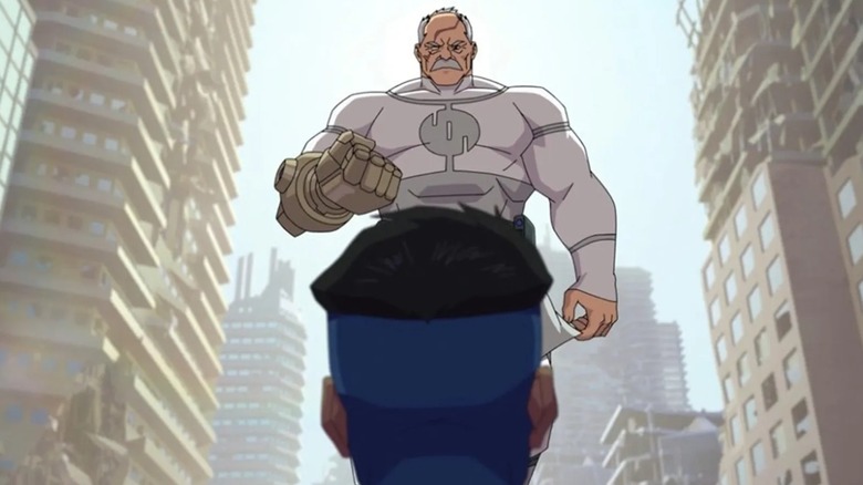 Conquest floating over Mark in the city in "Invincible"