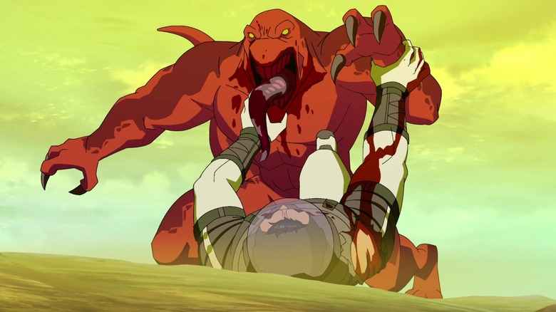 A Rognarr covered in blood, attacking a man on the ground in "Invincible"