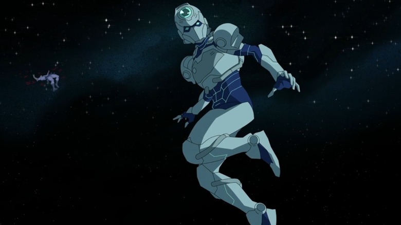 Tech Jacket floating in space with a beaten Viltrumite in the background in "Invincible"