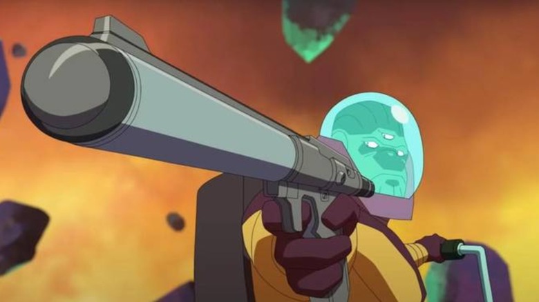 Space Racer pointing his Infinity Ray gun among asteroids in "Invincible"