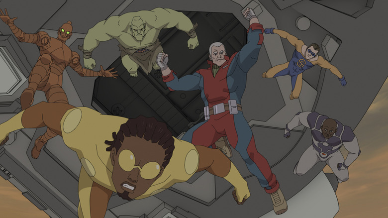 Robot, Bulletproof, Monster Girl, Brit, Shapesmith, and Black Samson exiting aircraft on Invincible Season 4