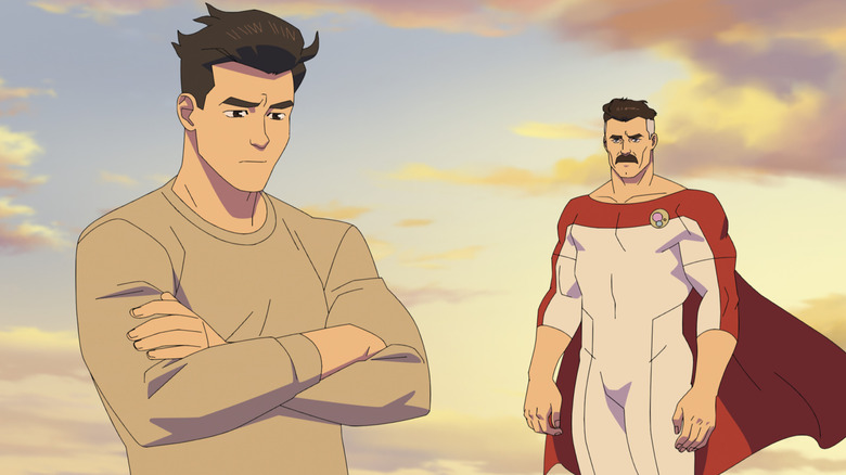 Mark and Nolan flying and talking in the evening sky in Invincible Season 4 (2026)