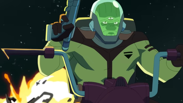 Space Racer wielding a gun with an explosion behind him on "Invincible" (2026)