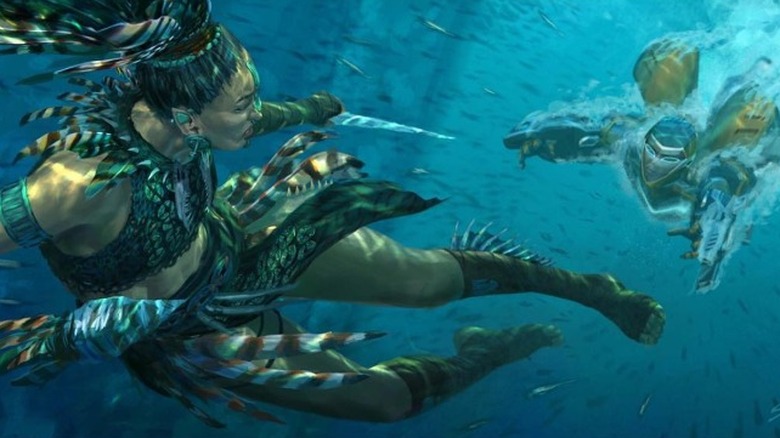 Painting of Namora and Ironheart clashing underwater