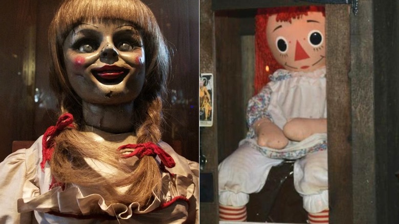 The movie Annabelle doll and the real Annabelle doll in her museum case