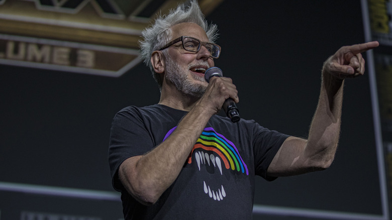 James Gunn speaking and pointing 