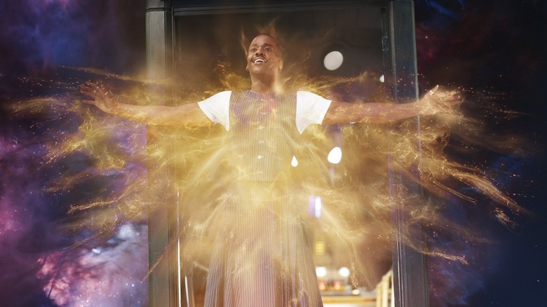 The 15th Doctor regenerates in the TARDIS doorway in "Doctor Who"