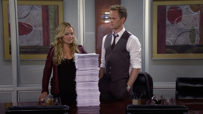 Quinn and Barney with pre-nup agreement