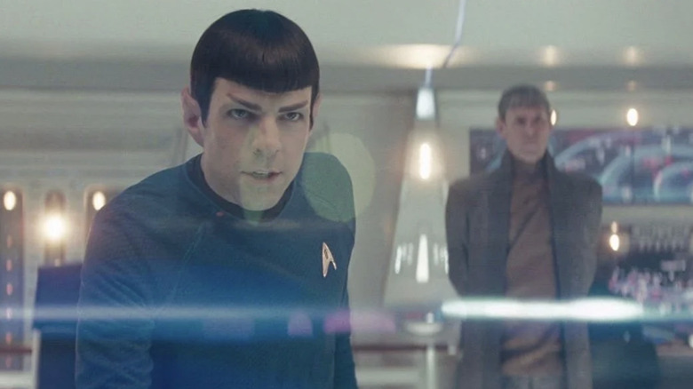 Spock looks over the bridge in Star Trek (2009)