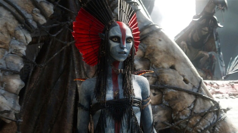 Varang walking out of her tent at the Mangkwan clan village in Avatar: Fire and Ash