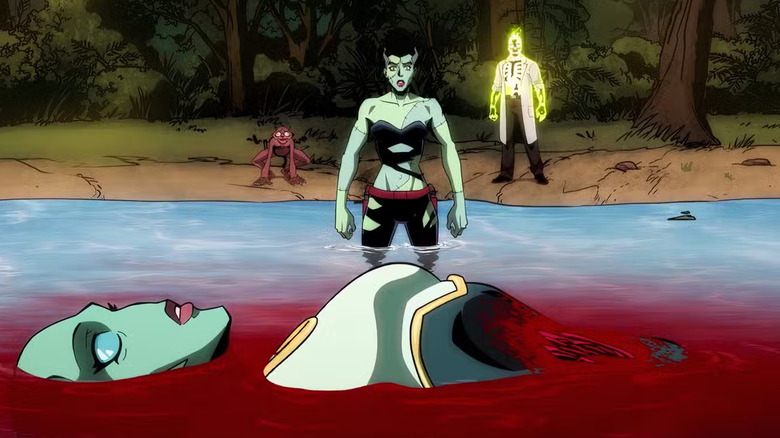 The Bride wading into a bloody lake to retrieve Nina's body as Weasel and Dr. Phosphorous stand on the shore