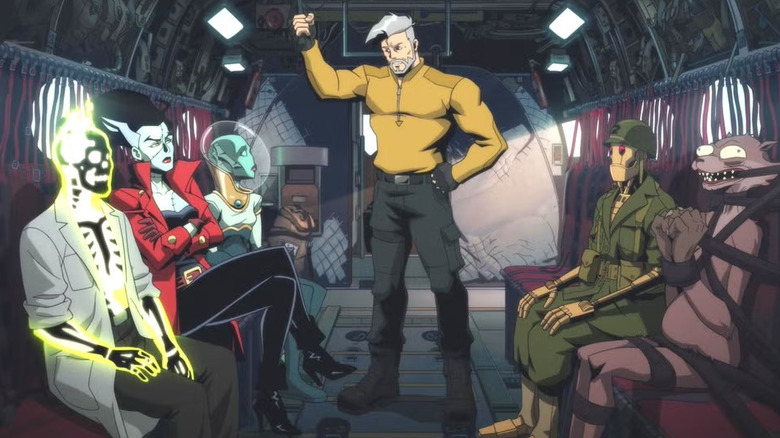 The Creature Commandos (Dr. Phosphorous, The Bride, Nina, General Rick Flag Sr., G.I. Robot, and Weasel) traveling in a carrier van